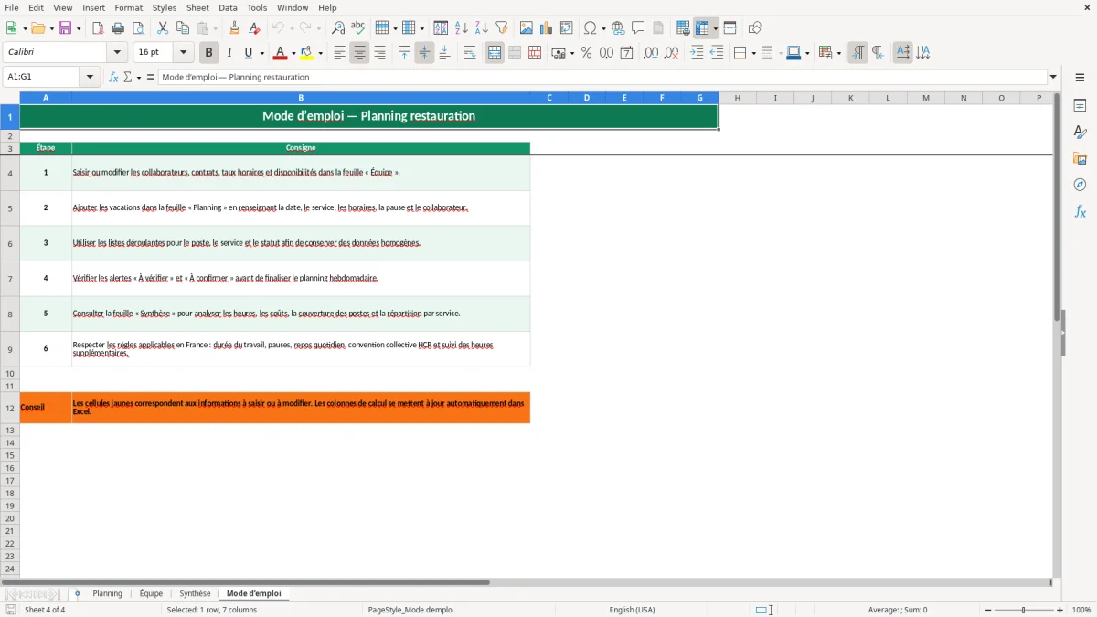 Capture 4 : feuille Mode d’emploi - Modèle Excel planning restauration excel